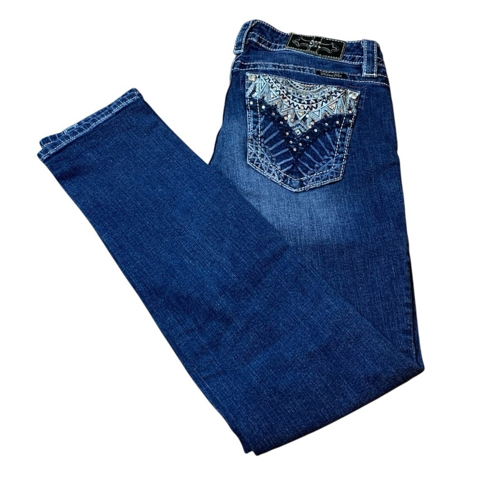 Miss Me Blue Skinny Jeans Size 29 Embroidered Bling Inseam 30